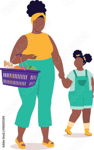 Plus Size Black Mother With Groceries Walking With Her Little Daughter While Holding Hands Together.