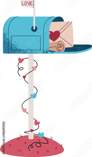 Mailbox with letters in flat cartoon style. Letters with love confessions on white background. Vector illustration for Valentine's Day for cards, stickers, banners, etc.