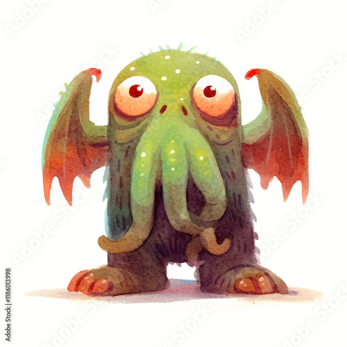 Green monster with red eyes and wings. Watercolor style. Fantastic creature illustration for design. Character isolated on white background.