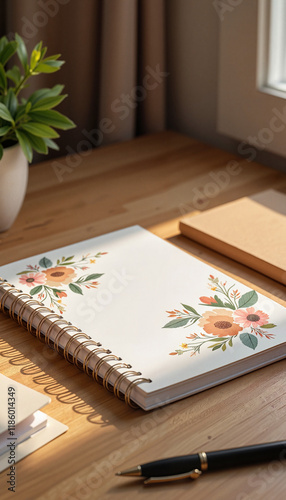 Wallpaper Mural Notebook Cover Design Mockup with floral pattern on wooden desk Torontodigital.ca