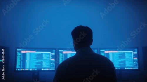 Cyber Defense Under Pressure: A Cinematic System Administrator Struggling with Flashing Monitors photo