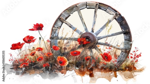 An old wooden wheel with red poppies