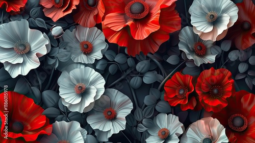 3D gradient background, red and white flowers