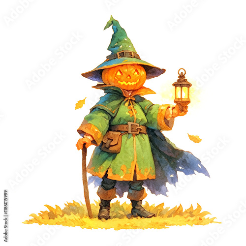Pumpkin-headed character with lantern in watercolor style. Halloween concept. For design, card, poster, banner. Full view.