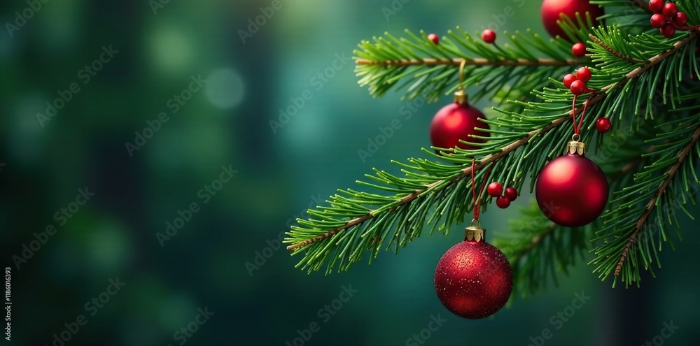 Obraz premium Twisted fir branch decorated with ornaments and holly berries, forest foliage, twigs with ornaments