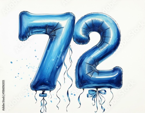 Blue birthday / anniversary party balloon, number 72, watercolor painting with white background photo