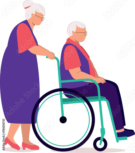 Side View Of Elderly Woman Pushing Her Disabled Husband In Wheelchair.