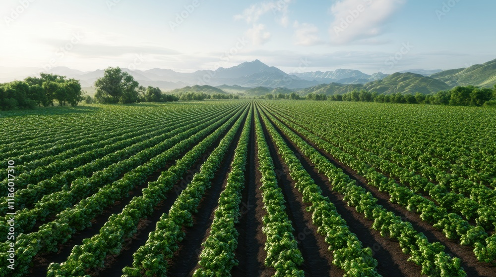 Aerial View of a Reforestation Project Displaying Rows of Young Trees with Mountains and Scenic Landscape in the Background