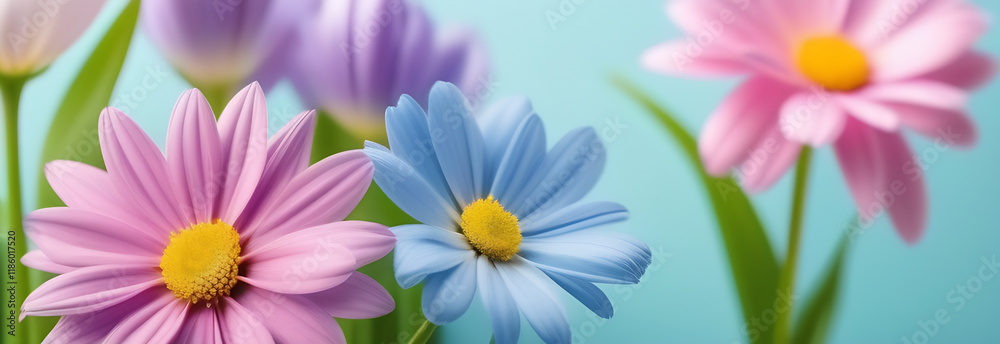 Fototapeta premium Different spring flowers in pastel colors on a blue background. Banner