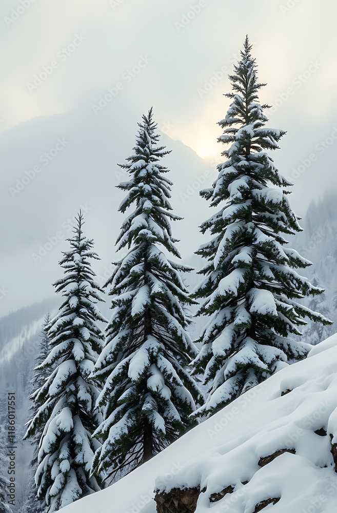 Snow-covered pine trees on a mountain slope at sunrise. Snow-covered pine trees on a mountain slope at sunrise.