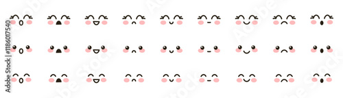 Set of cute vector kawaii emoji. Anime, manga, adorable expressive faces, emoji. Cute faces happy, smiling, sad and angry - for kawaii cartoon doodle design Chibis isolated on white background