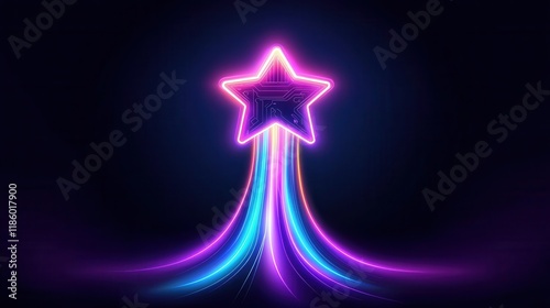 Neon Circuit Star Rising Abstract Technology Background with Glowing Trails