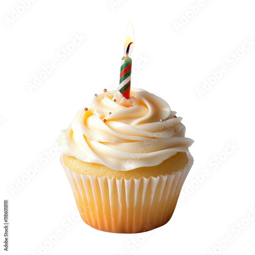 vanilla cupcake with swirled frosting and burning candle on white background