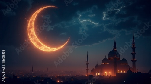Ramadan Kareem Background.Crescent Moon And Lantern Lightning In Sky