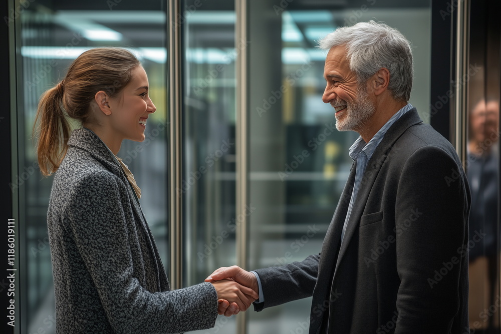 two business people shaking hands at office two business people shaking hands at office