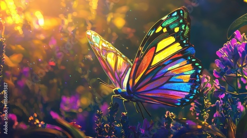Close-up of a vibrant butterfly with intricate wing patterns perched on purple flowers in golden sunlight, symbolizing harmony and ecology. Perfect for nature and wildlife themes.
