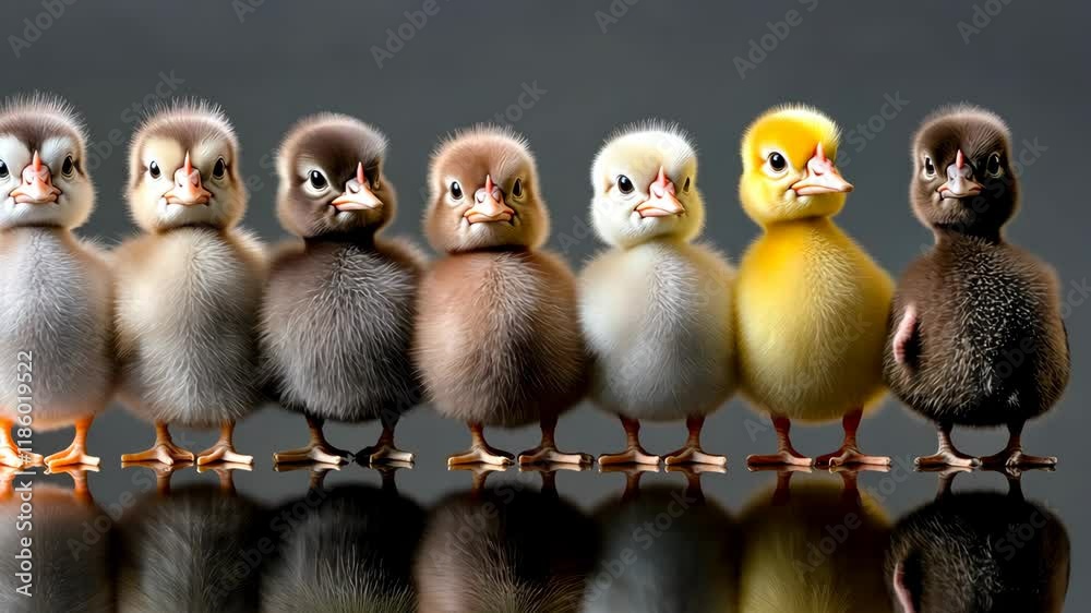 Group of baby birds are standing in a row, with one of them being yellow. Concept of innocence and cuteness, as the baby birds are all adorable and seem to be posing for a picture