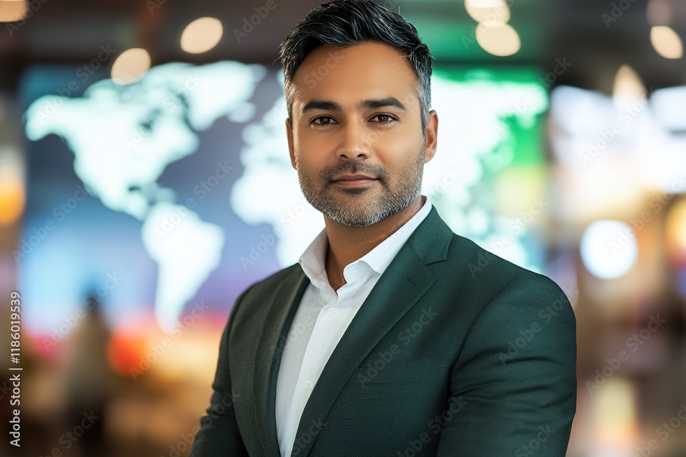 Confident man in suit in front of world map Confident man in suit in front of world map