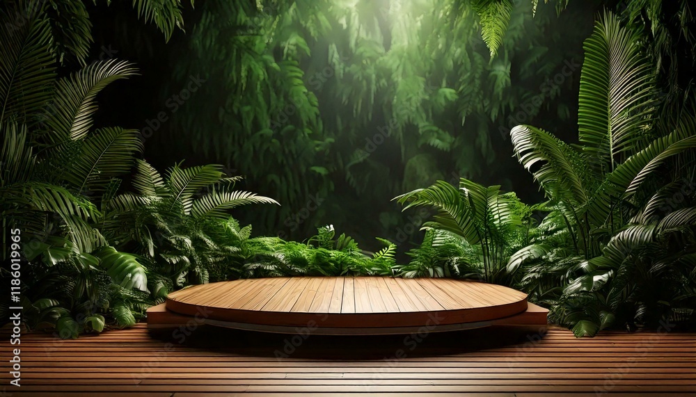 Modern minimalist wooden display platform elegantly nestled amidst lush, vibrant green indoor plants, creating a harmonious balance between nature and design, offering a serene and aesthetically pleas Modern minimalist wooden display platform elegantly nestled amidst lush, vibrant green indoor plants, creating a harmonious balance between nature and design, offering a serene and aesthetically pleas