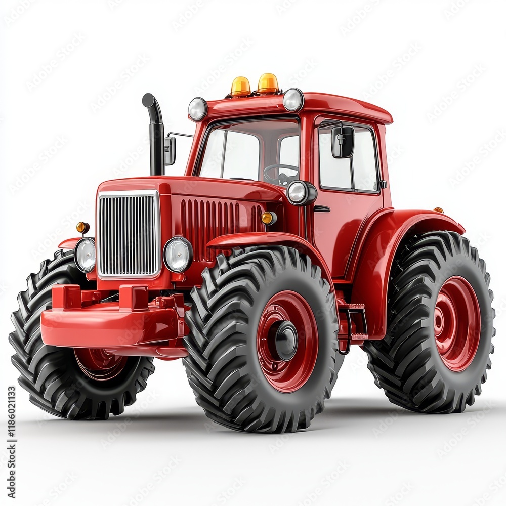 A red cartoon tractor on a white isolated background in 3D graphics style