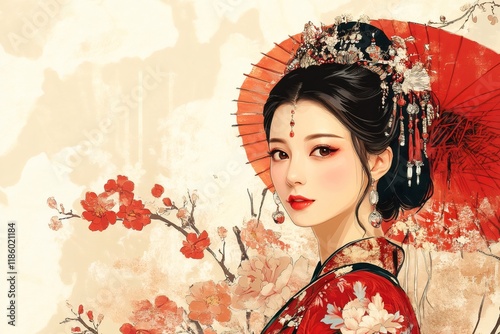 Beautiful chinese princess wearing traditional headdress and kimono with red flowers photo