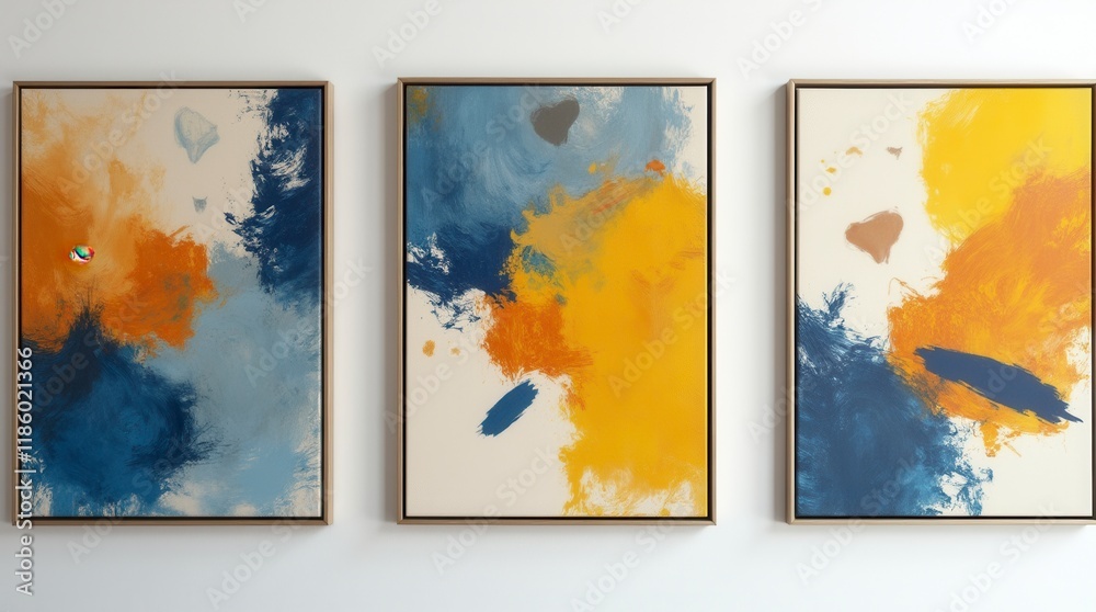 Naklejka premium Set Of Three Modern Abstract Wall Art Pieces With Geometric Shapes And Brush Strokes In Blue, Yellow, And Orange Colors