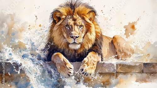 Majestic lion emerging from water, watercolor painting. photo