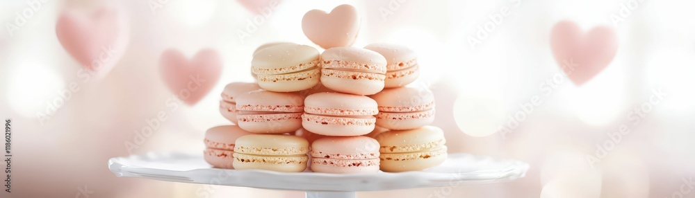 A beautifully arranged stack of pastel macarons on a cake stand, surrounded by soft heart decorations, creating a romantic and elegant dessert display. A beautifully arranged stack of pastel macarons on a cake stand, surrounded by soft heart decorations, creating a romantic and elegant dessert display.