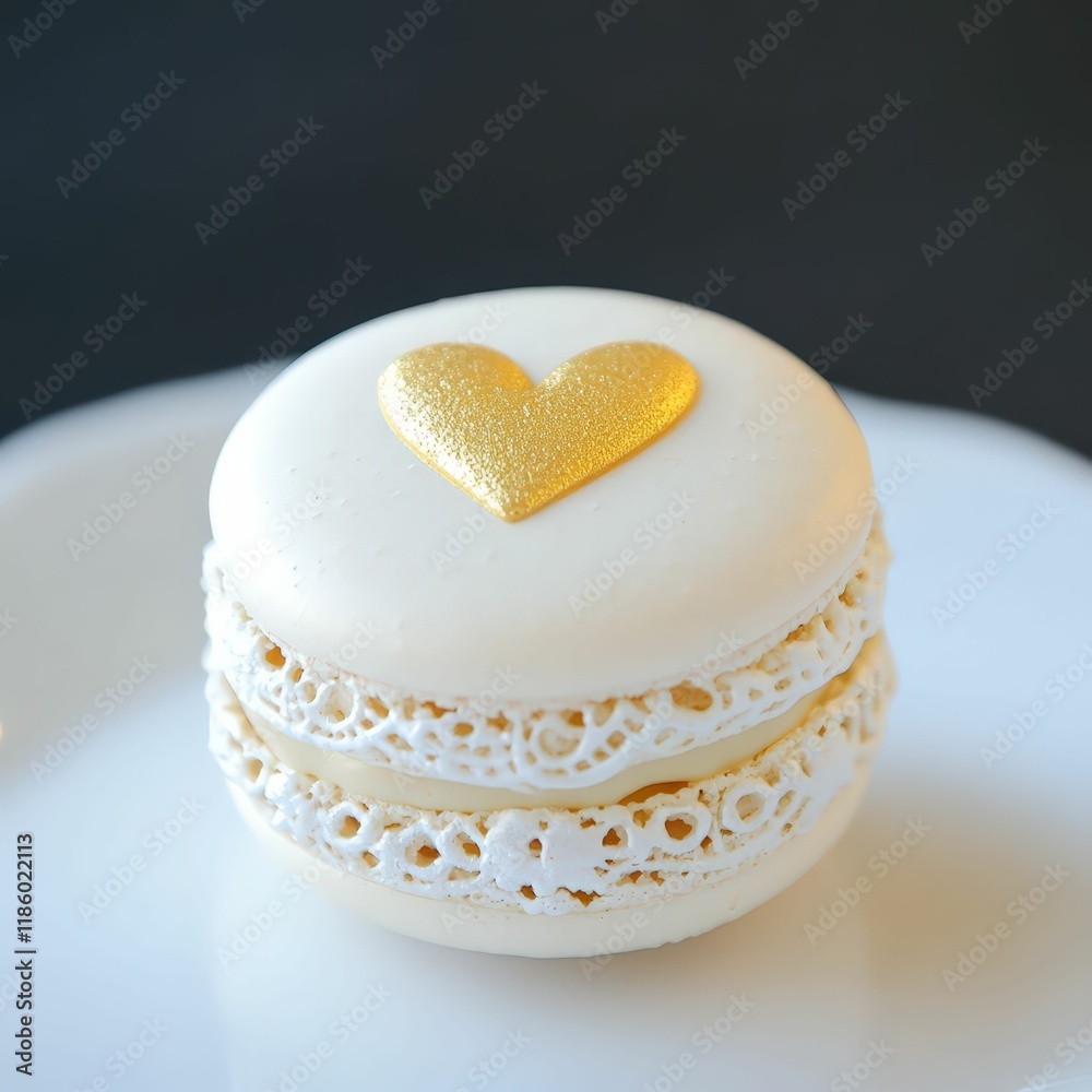 A delicate white macaron with gold heart decoration, resting on a smooth plate, exuding elegance and sweetness. A delicate white macaron with gold heart decoration, resting on a smooth plate, exuding elegance and sweetness.