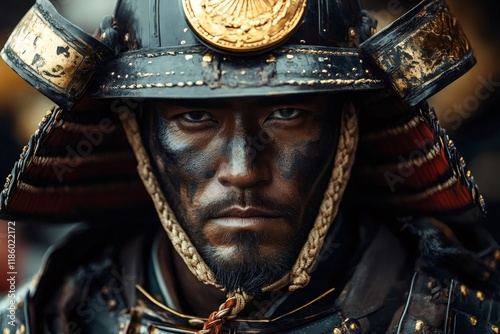 Close-up portrait of a samurai warrior wearing traditional armor and helmet photo