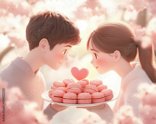 A romantic scene featuring a couple exchanging love and macarons amidst blooming cherry blossoms, symbolizing love and sweetness.
