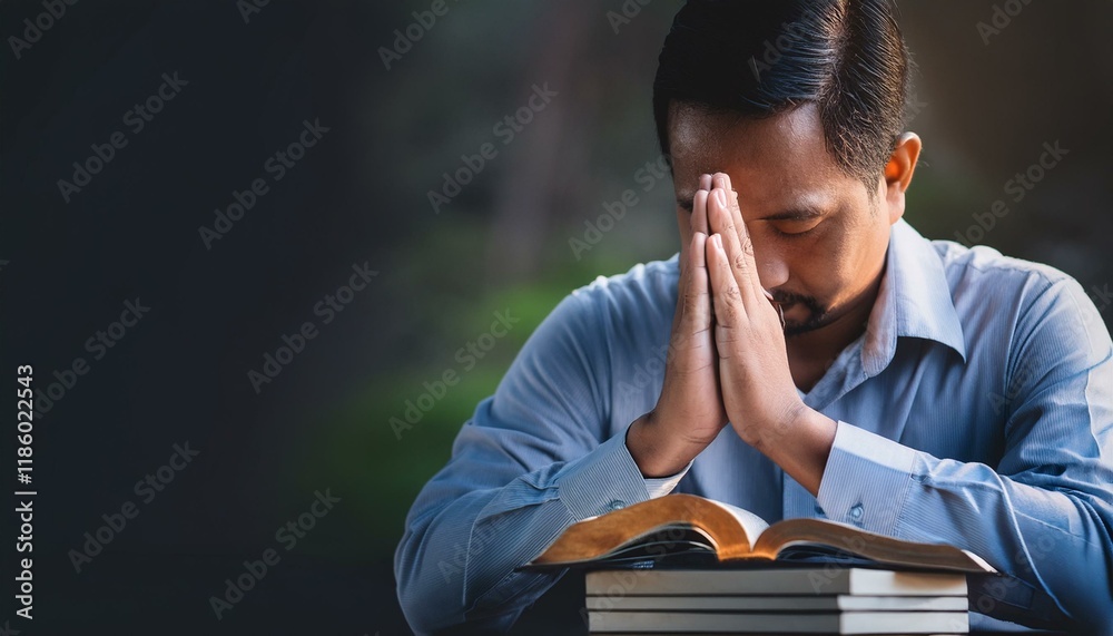 Obraz premium Man worship pray for god blessing to wishing have a better life. Man hands holding praying