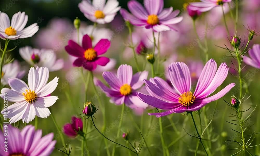 The garden is adorned with stunning cosmos flowers in full bloom. These flowers thrive in their natural environment, gracefully swaying in the breeze across the fields The garden is adorned with stunning cosmos flowers in full bloom. These flowers thrive in their natural environment, gracefully swaying in the breeze across the fields