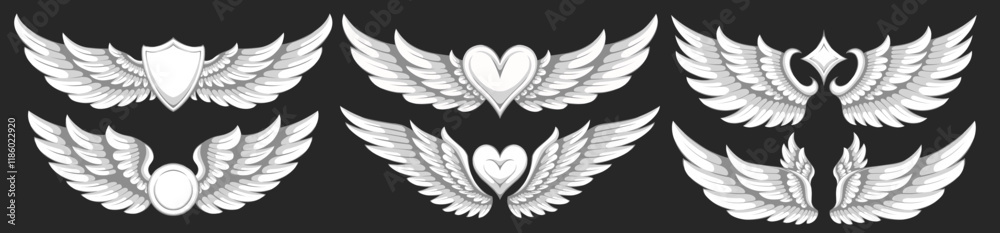 Obraz premium Set of angel wings with love heart. Illustration of angel wings with shield.