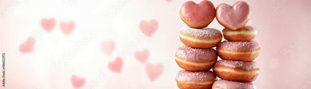 A delightful stack of donuts topped with heart-shaped icing against a soft pink background, perfect for celebrations or sweet treats. A delightful stack of donuts topped with heart-shaped icing against a soft pink background, perfect for celebrations or sweet treats.
