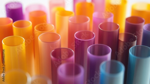 Plastic bottle preforms in a colorful array before processing. photo