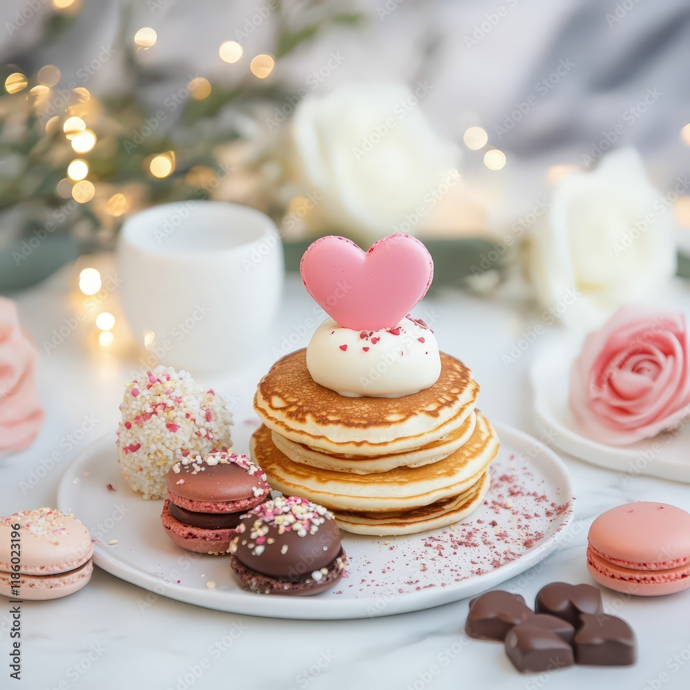 A delightful dessert arrangement featuring pancakes, macarons, and roses, creating a romantic and festive atmosphere. A delightful dessert arrangement featuring pancakes, macarons, and roses, creating a romantic and festive atmosphere.