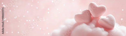 Soft pink background with three pastel heart-shaped candies resting on a fluffy cloud, evoking a sweet, romantic atmosphere.