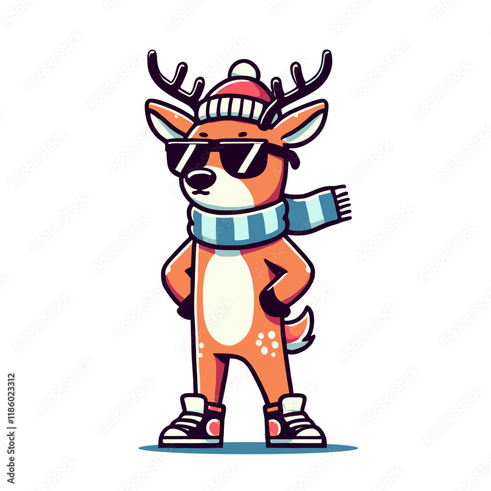 Stylish cartoon reindeer wearing a winter hat, scarf, and sneakers, standing confidently. Perfect for festive, winter, or trendy-themed designs. Isolated vector illustration. Stylish cartoon reindeer wearing a winter hat, scarf, and sneakers, standing confidently. Perfect for festive, winter, or trendy-themed designs. Isolated vector illustration.