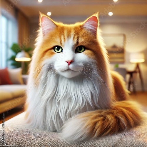 Wallpaper Mural A fluffy orange and white cat with green eyes sits indoors, exuding elegance and calmness. Torontodigital.ca