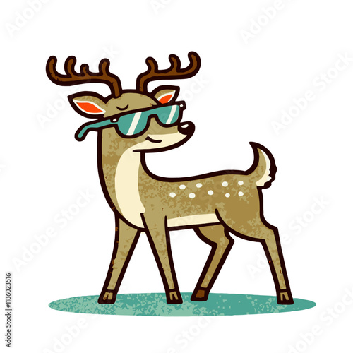 Stylish cartoon deer with sunglasses, standing elegantly with a confident expression. Ideal for wildlife, festive, or trendy-themed designs. Isolated vector illustration.