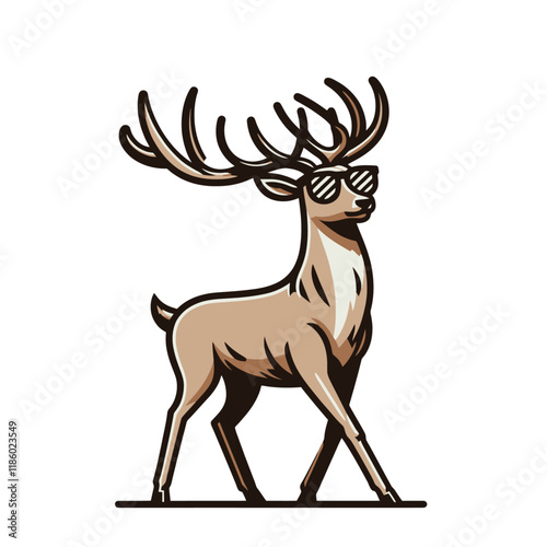 Minimalistic cartoon deer wearing sunglasses, walking confidently with a stylish and modern vibe. Ideal for creative, wildlife, or artistic-themed designs. Isolated vector illustration.