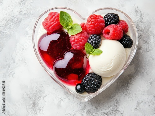 A heart-shaped dessert bowl filled with creamy ice cream, raspberry and blackberry fruit, and colorful jelly garnished with mint leaves. photo