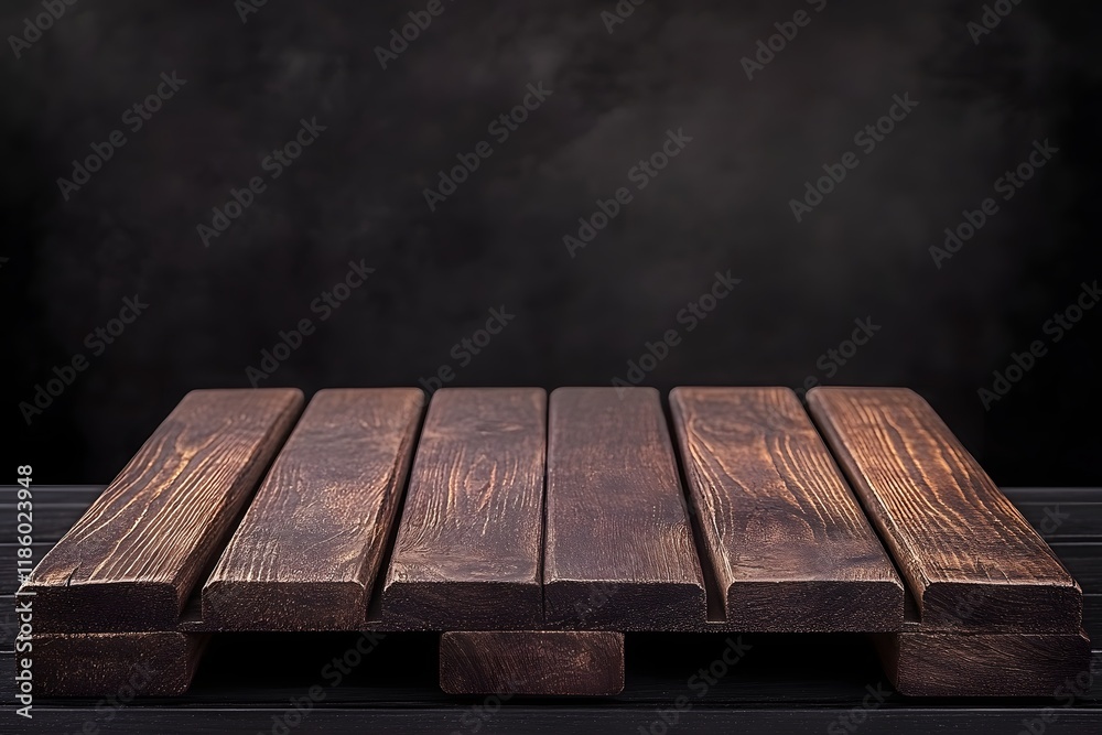 Dark wood pallet table, smoky background, product display Dark wood pallet table, smoky background, product display