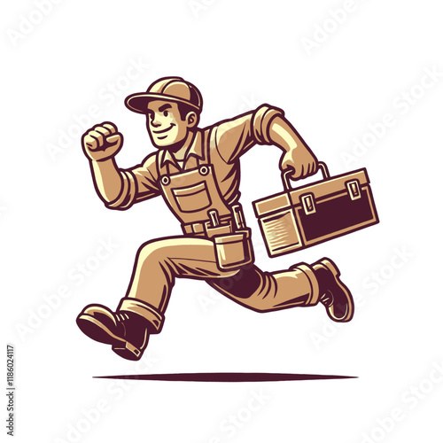 Running handyman with a toolbox, showcasing energy and readiness. A dynamic and professional tradesman character illustration for branding or creative projects. Isolated vector illustration.