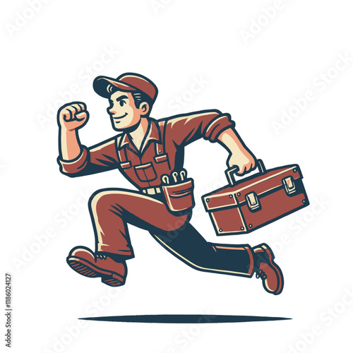 Running handyman with a toolbox, radiating energy and professionalism. A bold and dynamic tradesman character illustration for creative branding. Isolated vector illustration