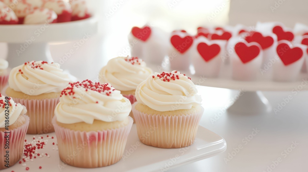 Colorful cupcakes topped with creamy frosting and sprinkles, accompanied by heart-shaped treats, perfect for celebrations or sweet occasions. Colorful cupcakes topped with creamy frosting and sprinkles, accompanied by heart-shaped treats, perfect for celebrations or sweet occasions.