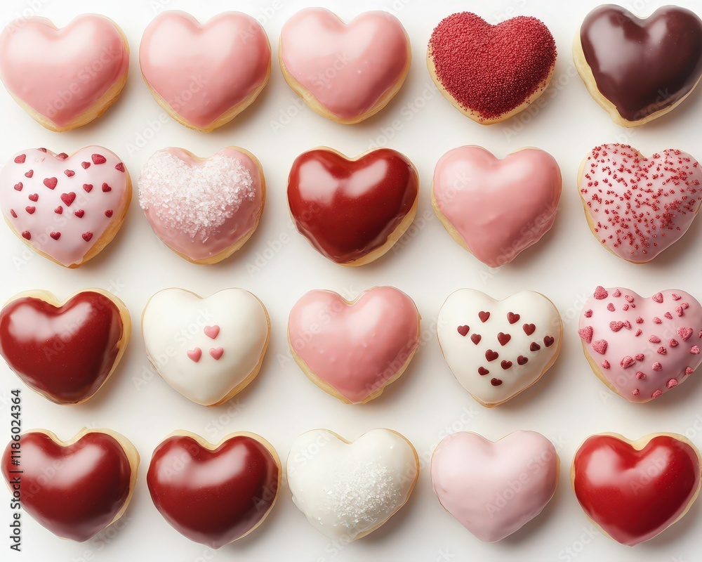 Obraz premium A colorful arrangement of heart-shaped donuts in various shades of pink and red, decorated with sprinkles and icing, perfect for celebrations.