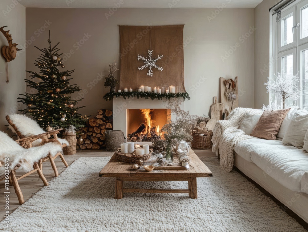 Fototapeta premium Cozy Christmas Living Room Fireplace Decorated