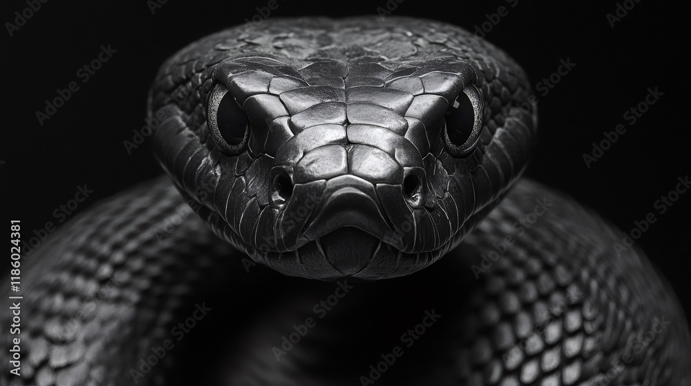 Black snake staring on dark background close-up showing scales Black snake staring on dark background close-up showing scales